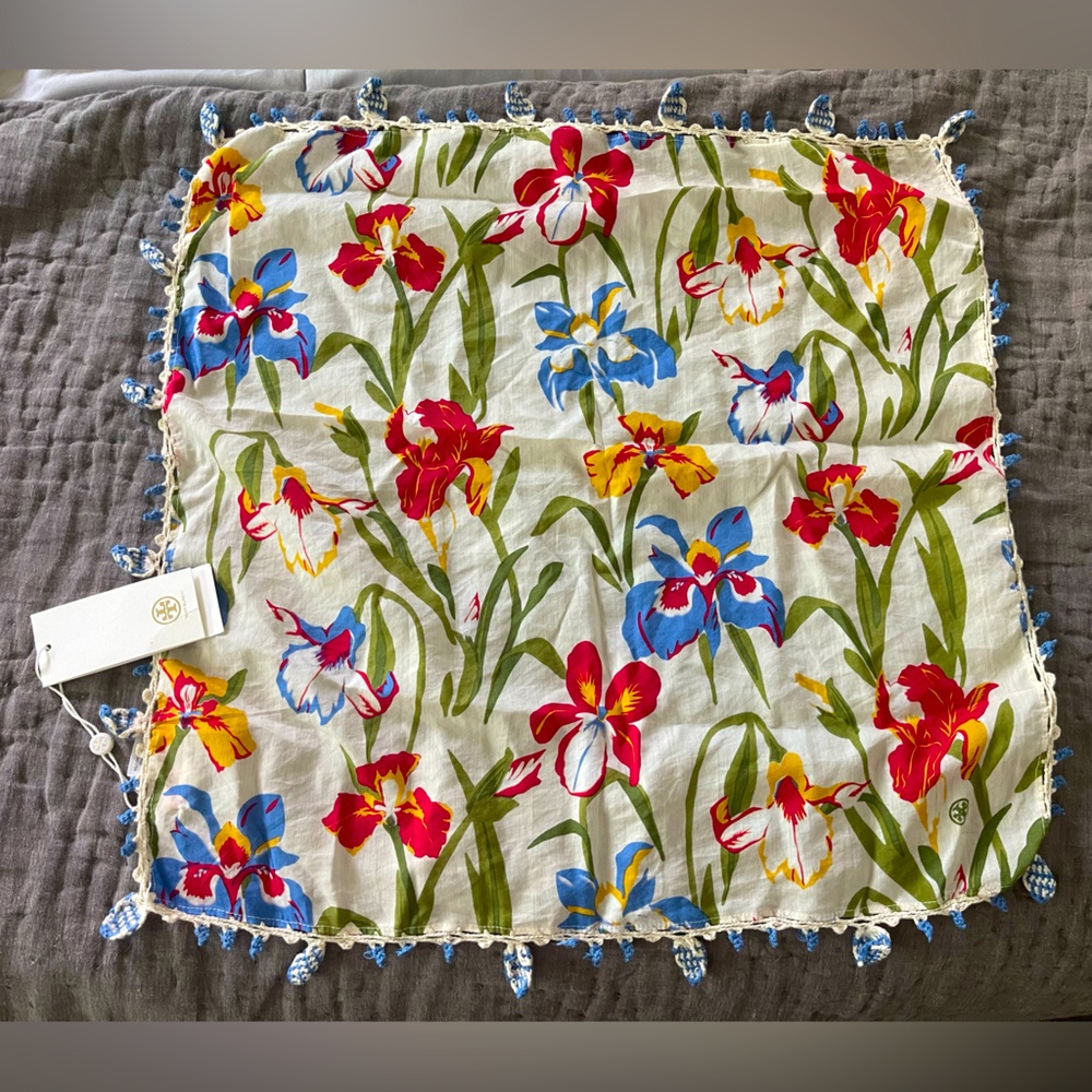 NWT Tory Burch Floral Square Scarf Fringe Iris Neckerchief Cotton Silk India HTF